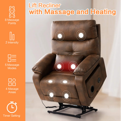 Infinite Position Power Lift Recliner Chair W/ Wireless Charger & Cup Holder, Vibration Massage & Heating, Genuine Leather