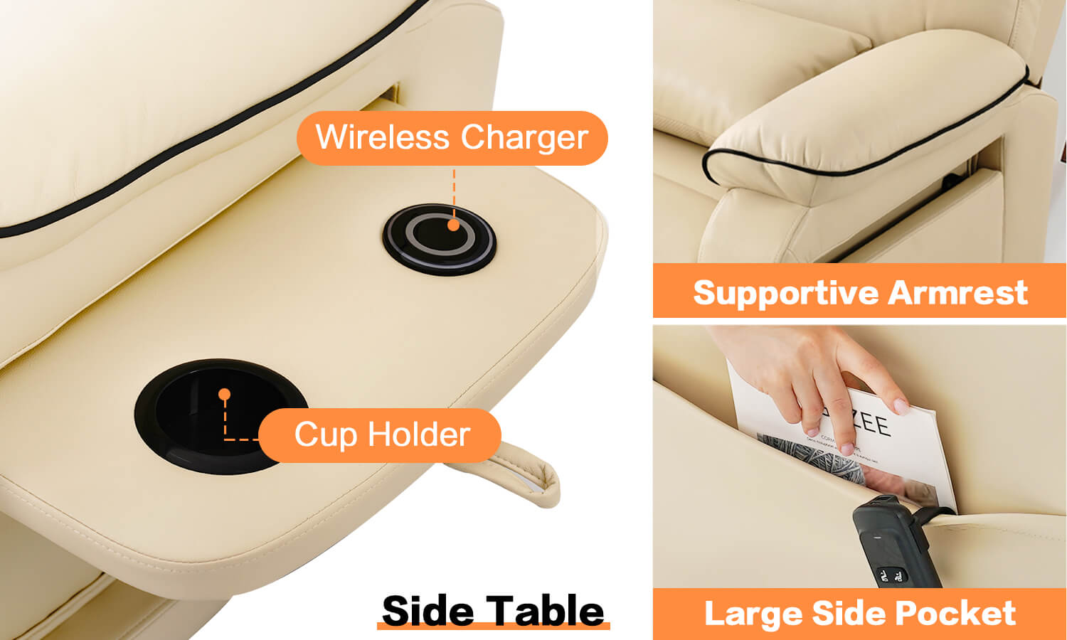 The_leather_beige_recliner_features_a_wireless_charger_cup holder_and_supportive_armrests_side_pockets