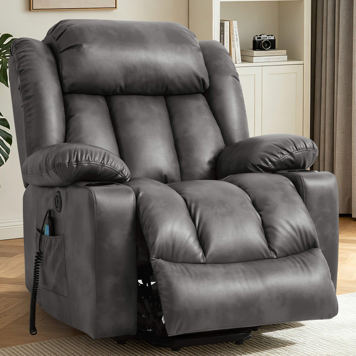 Gray power lift chair in a home setting