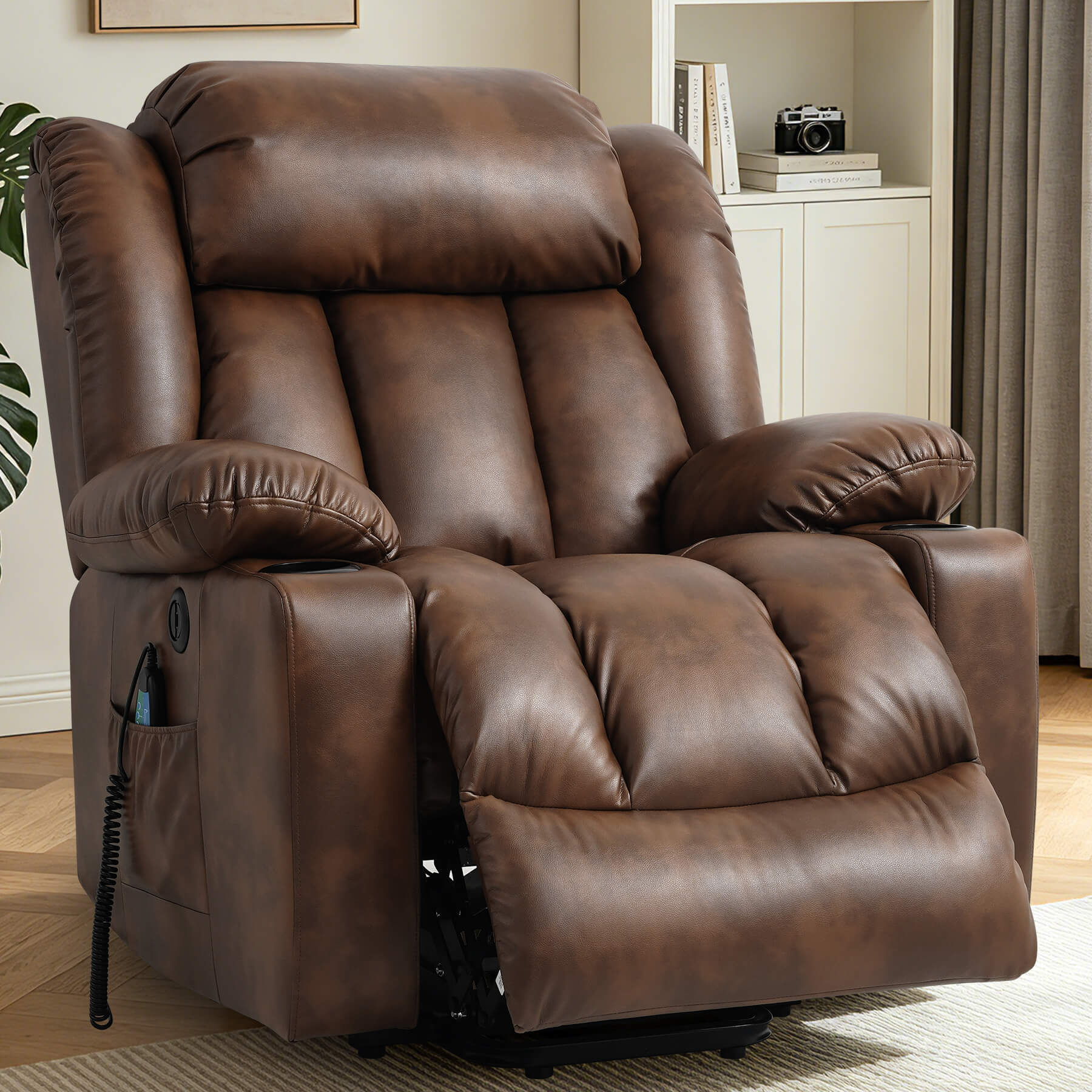 Brown leather recliner chair in a room