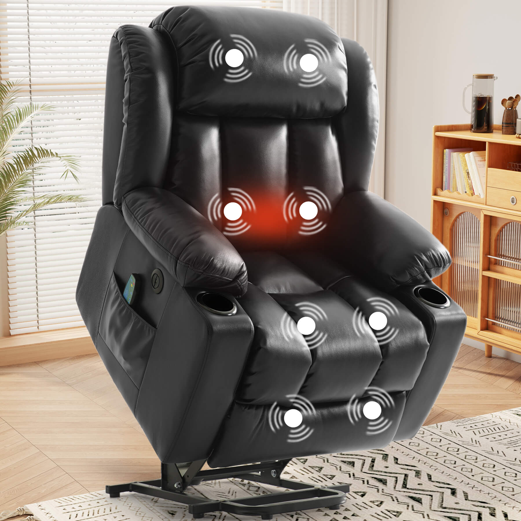 Luxury electric lift recliner chair for seniors with vibration massage and lumbar heating, black faux leather covered. With cup holders.