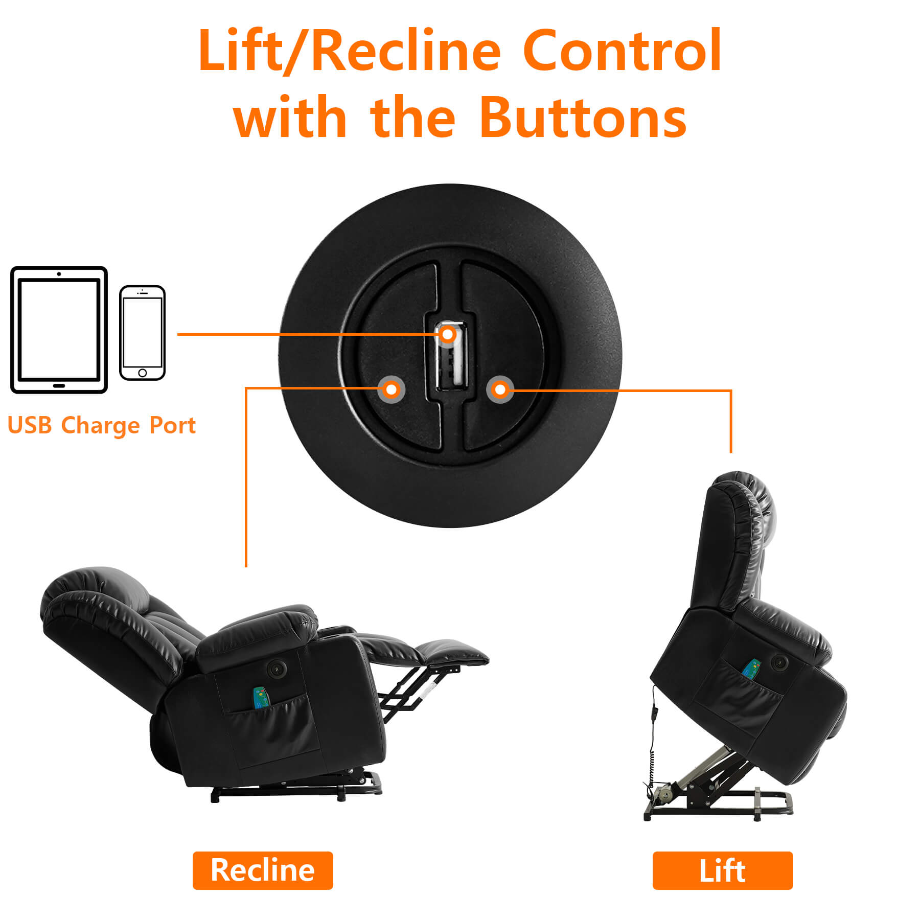 Adjust the standing or reclining position by pressing the button on the right side of the chair, and the USB port in the middle of the button charges low-power devices.