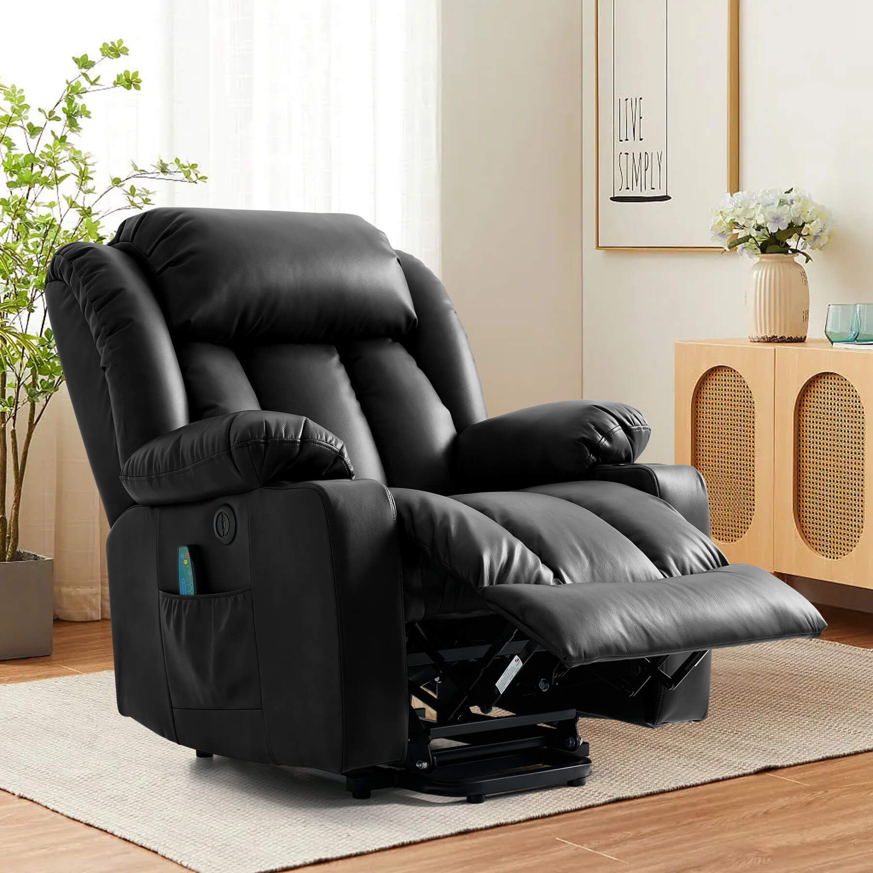 Asjmreye black power lift chair in reclining position. Perfect for reading, watching TV and sleeping.