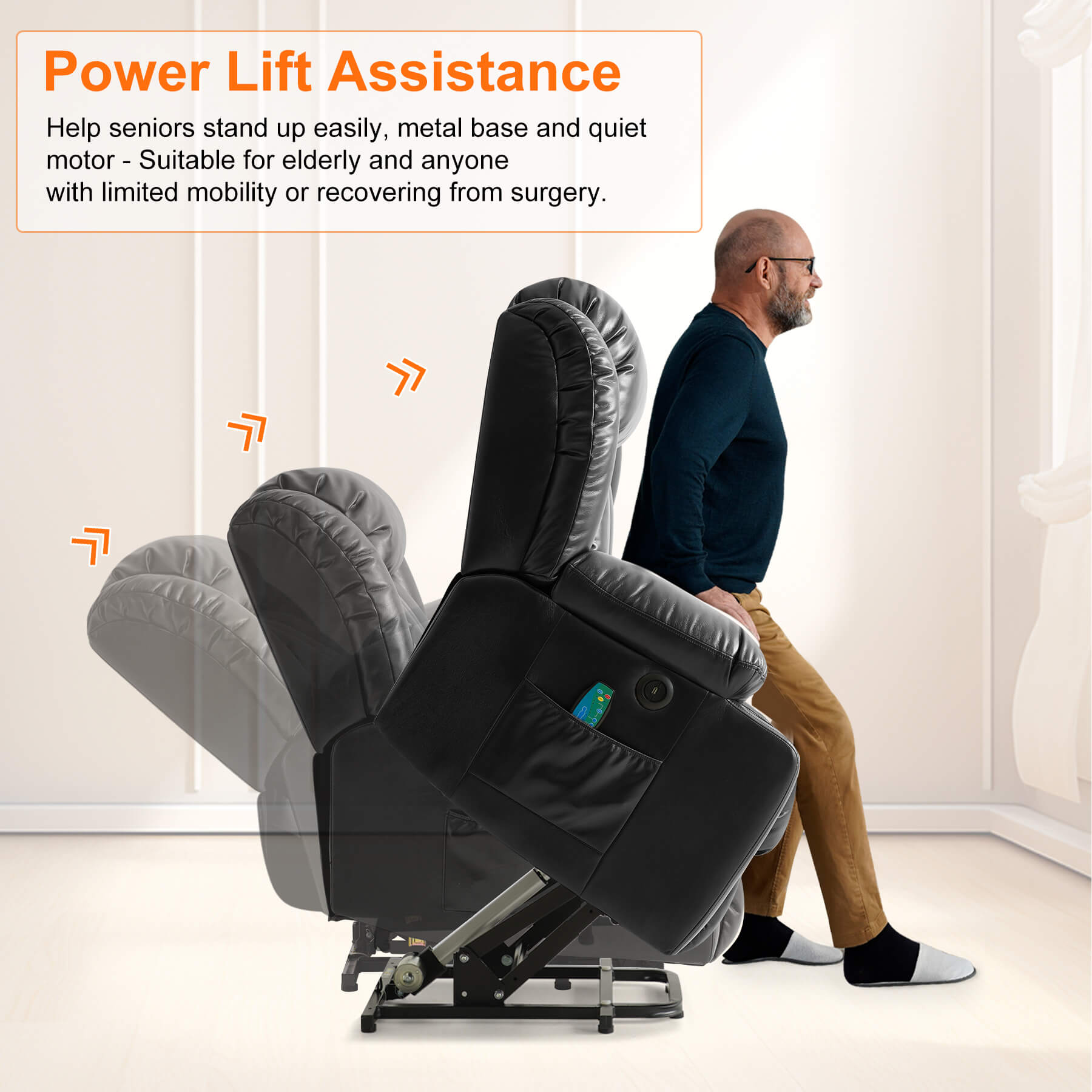 The power recliner's power lift mechanism assisted the senior to stand up easily.