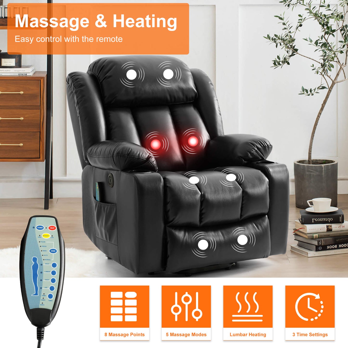 Electric recliner chair with massage and heating function to relax the body, operated by remote control.