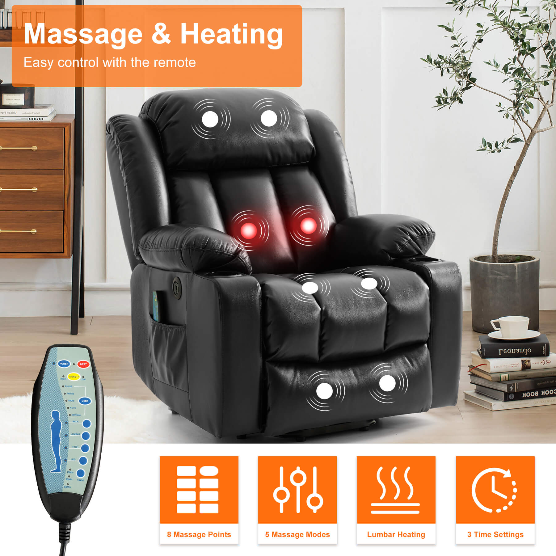 Electric recliner chair with massage and heating function to relax the body, operated by remote control.