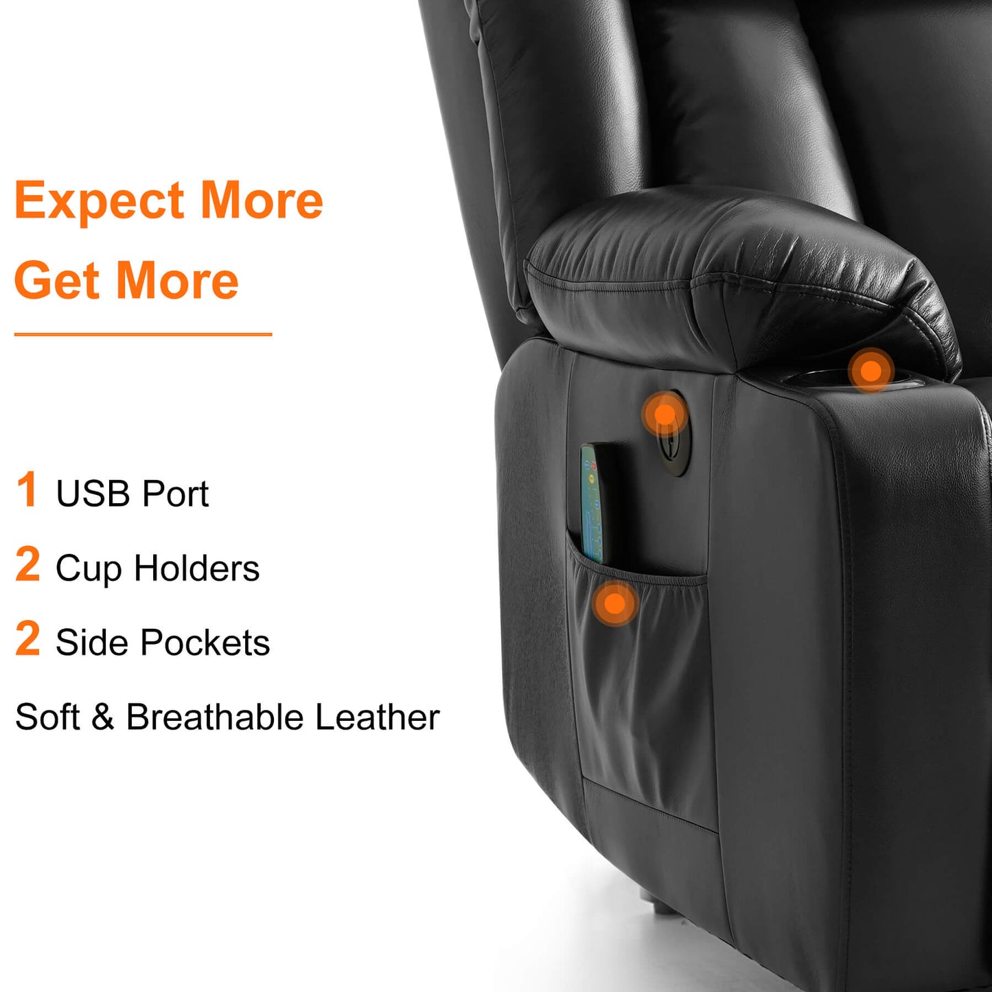 This breathable leather lift chair comes with a USB port, two cup holders, and two side pockets.