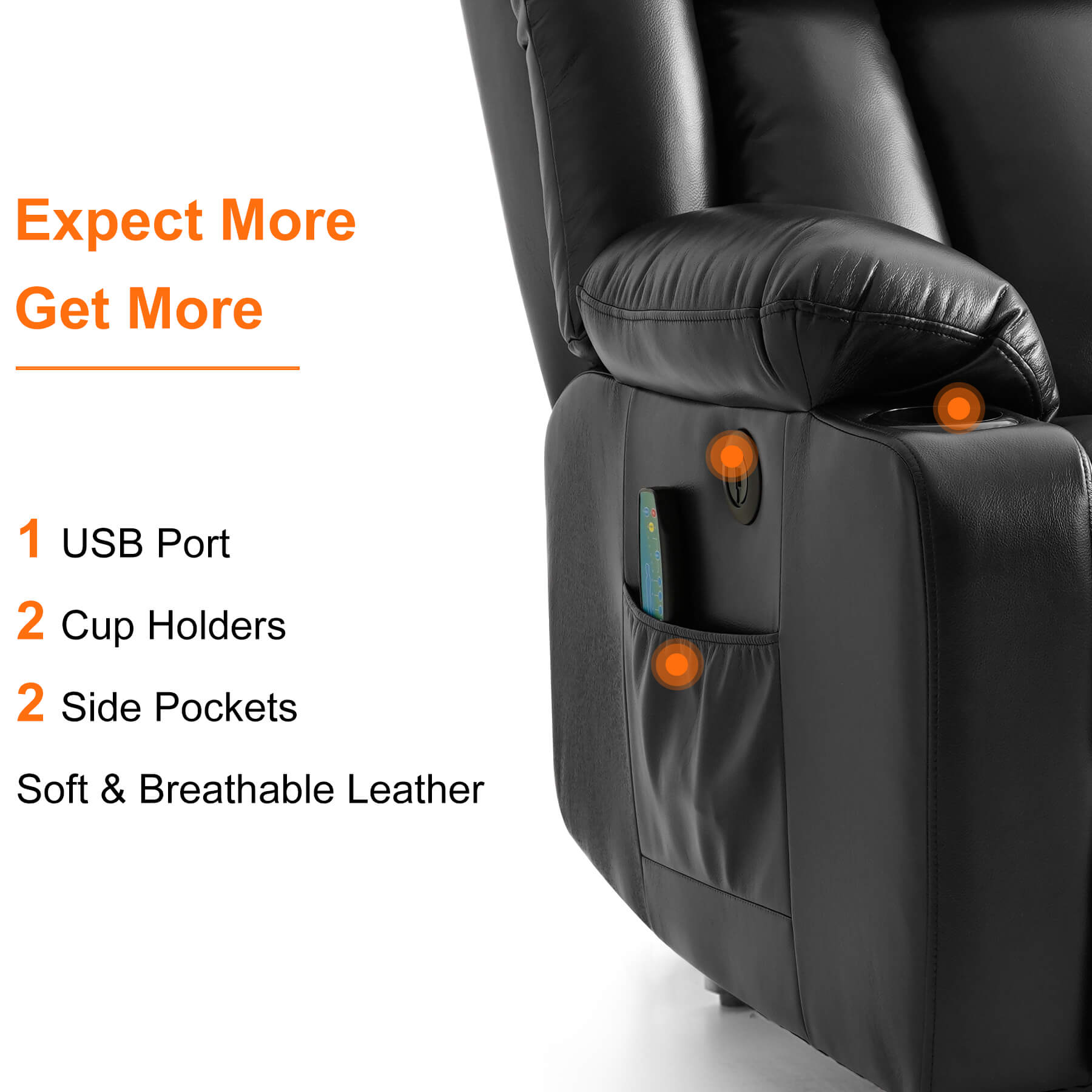 This breathable leather lift chair comes with a USB port, two cup holders, and two side pockets.