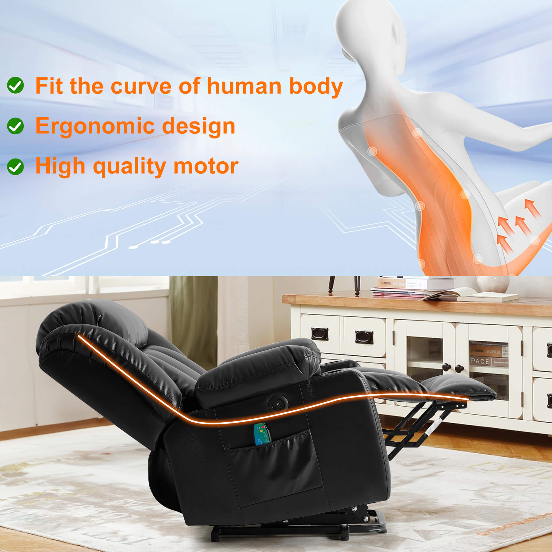 This electric recliner fits the body's curves when reclining, and the ergonomic design makes it perfect for everyday use.