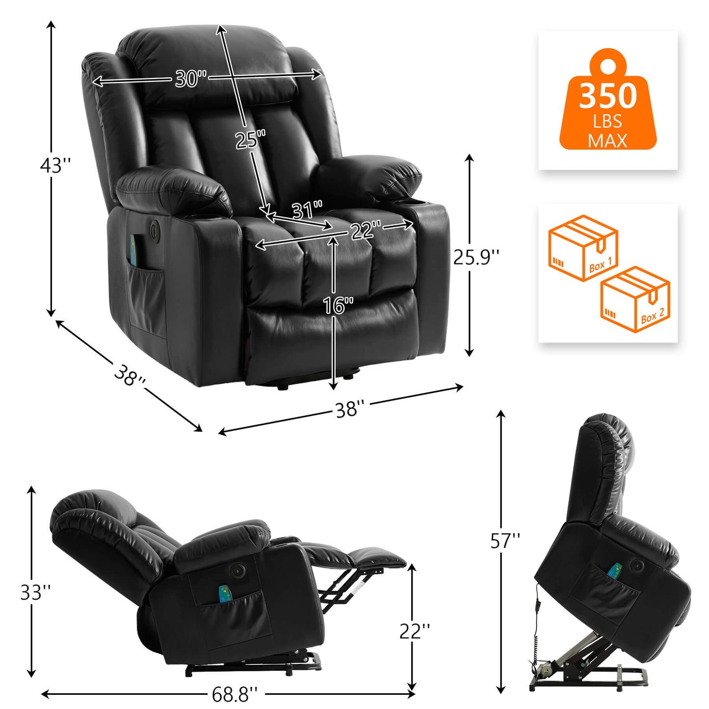 Black recliner size data. Overall dimensions: 38“ x 38” x 43”, Weight capacity: 350lbs. Packed in 2 boxes.