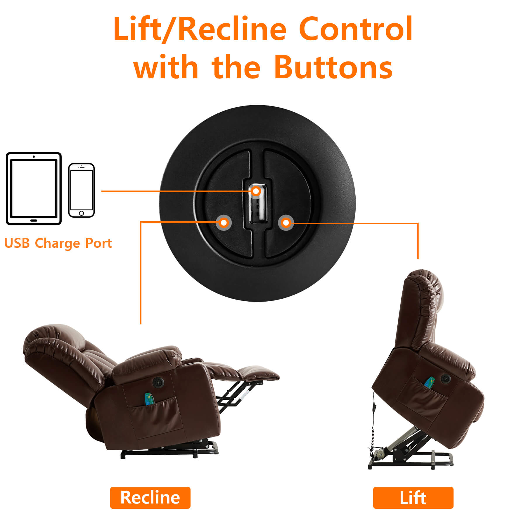 Adjust the standing or reclining position by pressing the button on the right side of the chair, and the USB port in the middle of the button charges low-power devices.