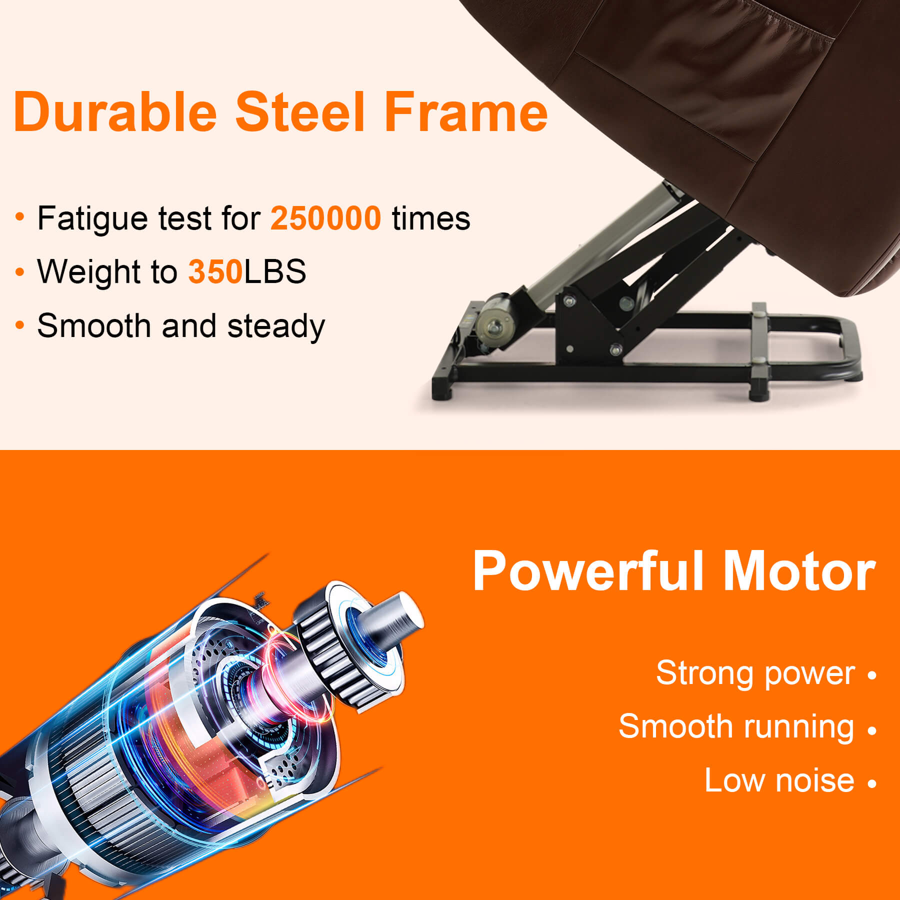 The luxury power lift recliner's durable steel frame and powerful motor support long-lasting and safe use.