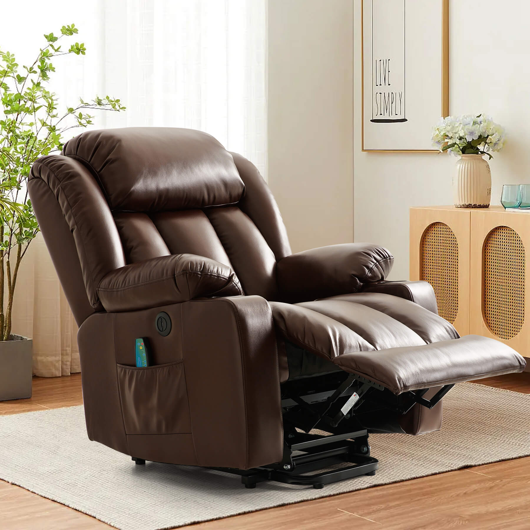 Asjmreye brown power lift chair in reclining position. Perfect for reading, watching TV and sleeping.