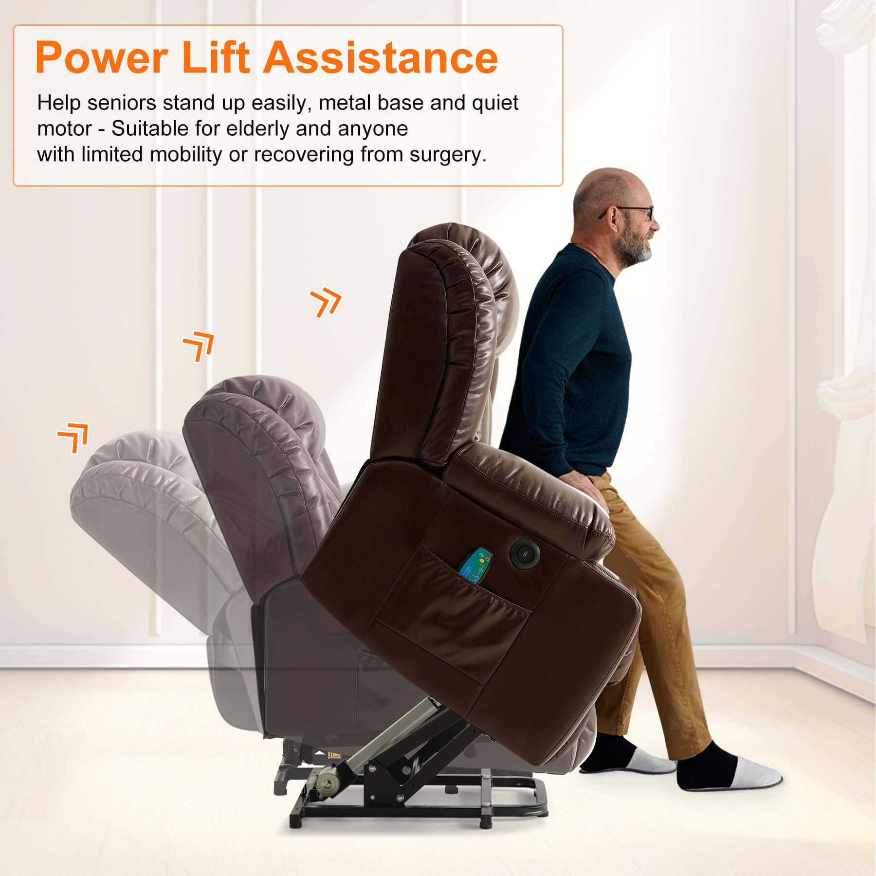 The power recliner's power lift mechanism assisted the senior to stand up easily.