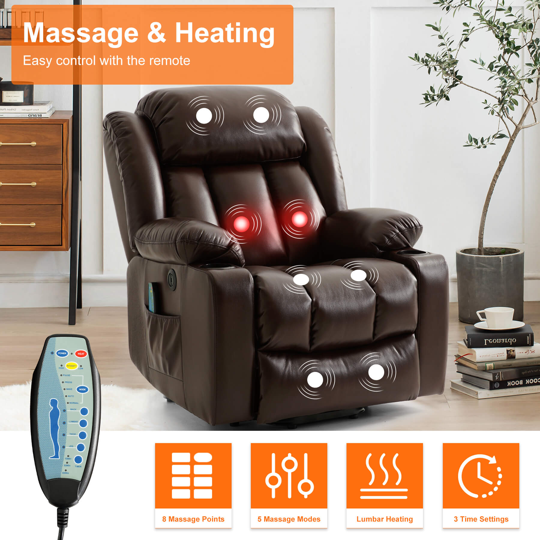 Electric recliner chair with massage and heating function to relax the body, operated by remote control.