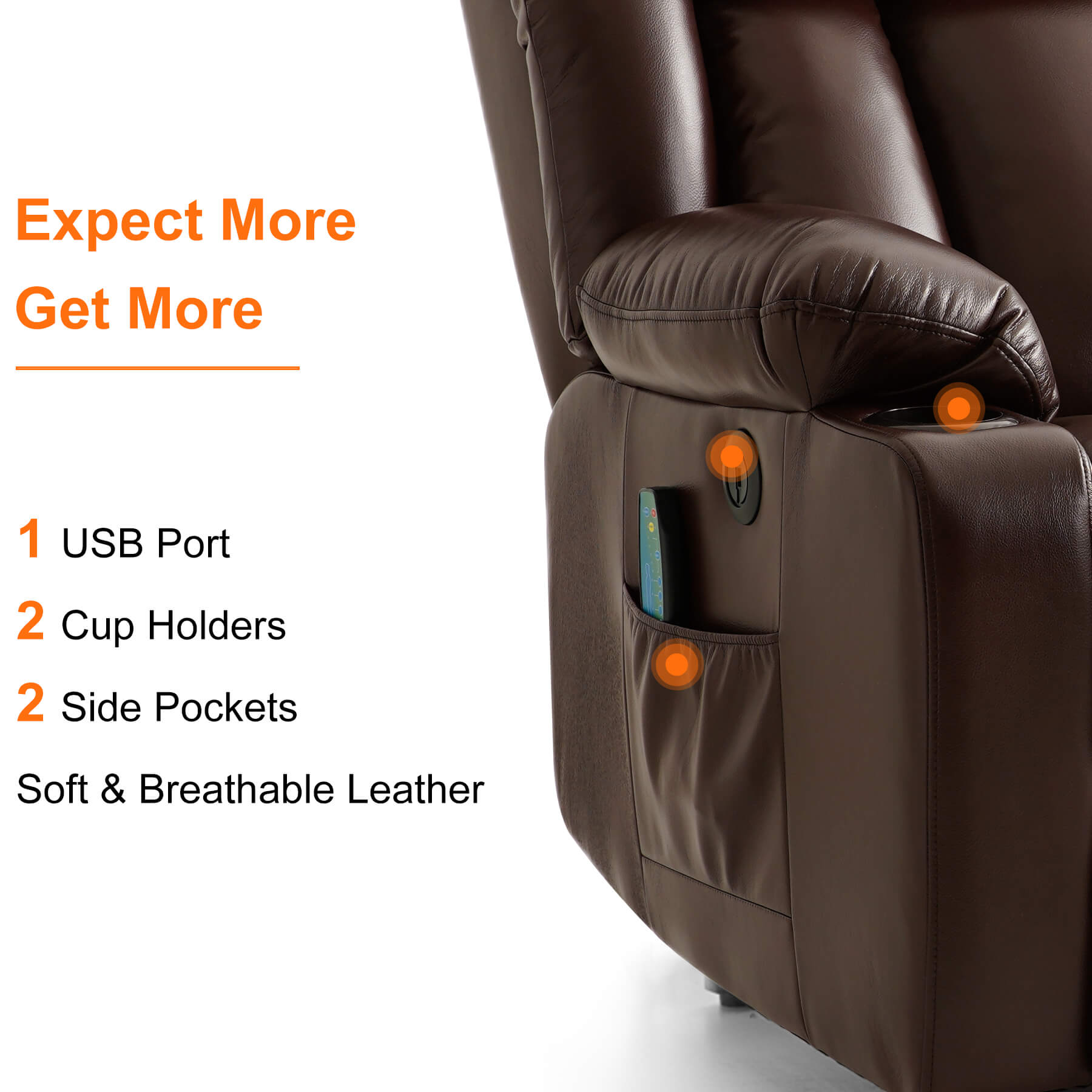 This breathable leather lift chair comes with a USB port, two cup holders, and two side pockets.