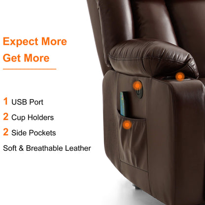 This breathable leather lift chair comes with a USB port, two cup holders, and two side pockets.