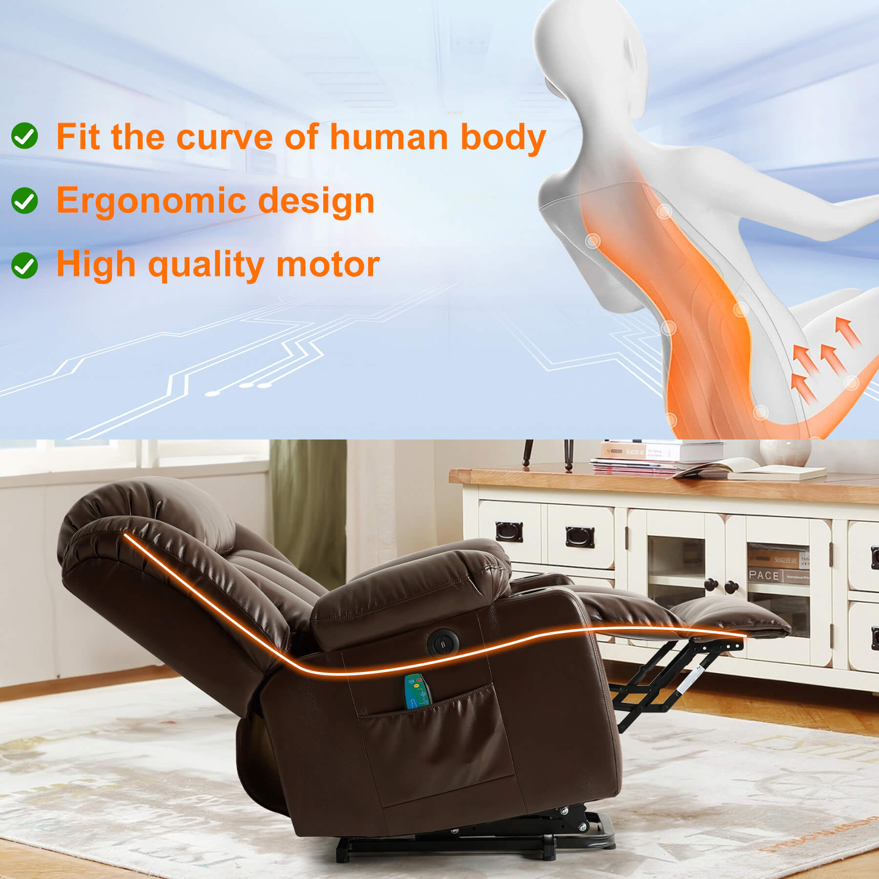 This electric recliner fits the body's curves when reclining, and the ergonomic design makes it perfect for everyday use.