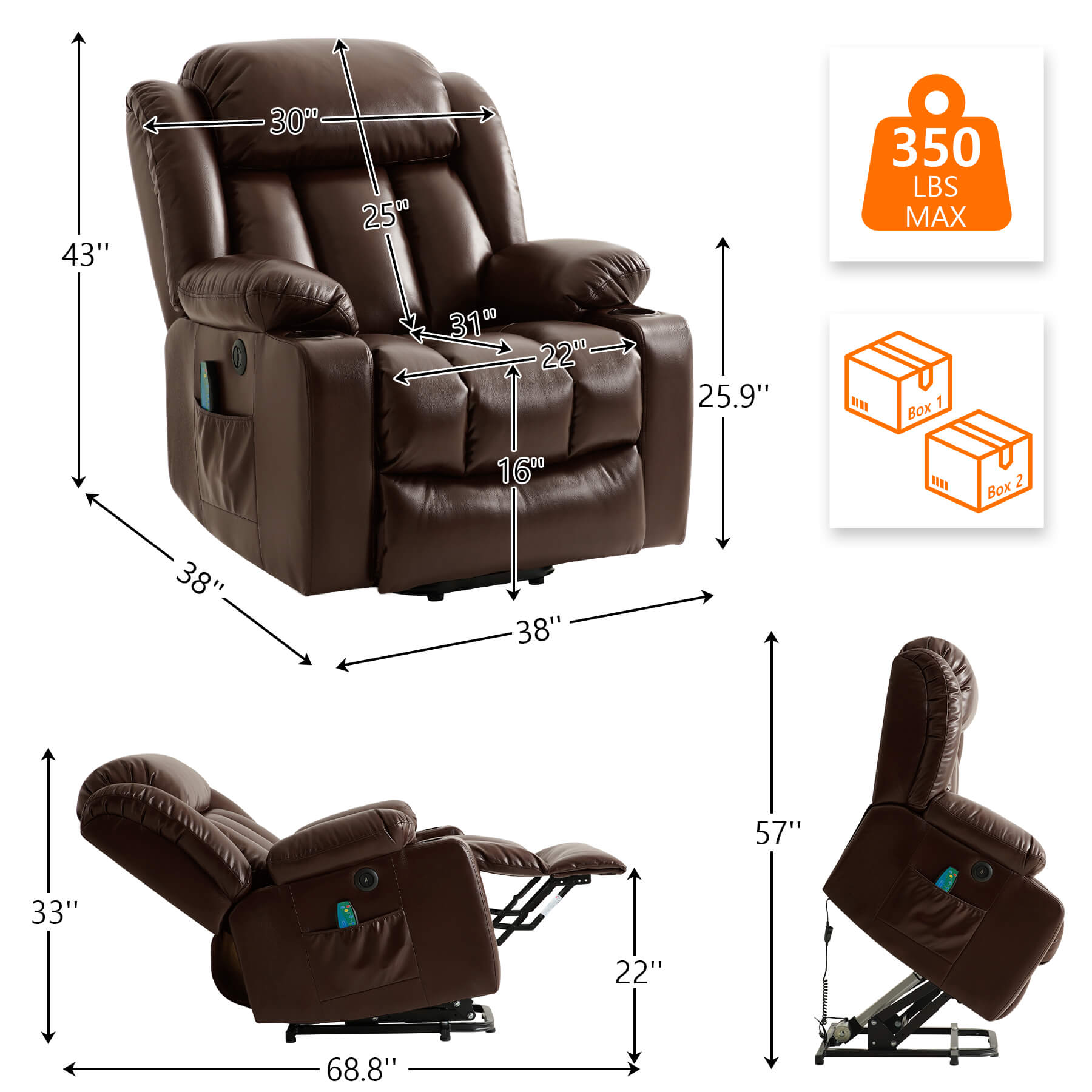Brown recliner size data. Overall dimensions: 38“ x 38” x 43”, Weight capacity: 350lbs. Packed in 2 boxes.
