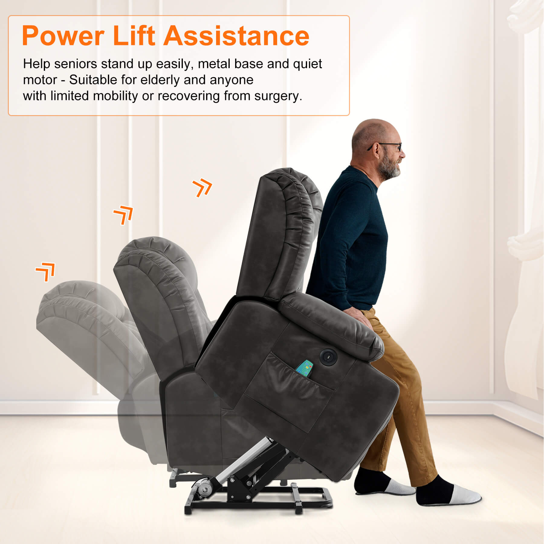 Luxury Power Lift Electric Recliner Chair With Vibration Massage and Heating, 34.6 '' Width, Grey Luxury Power Lift Electric Recliner Chair With Vibration Massage and Heating, 34.6 '' Width, Grey
