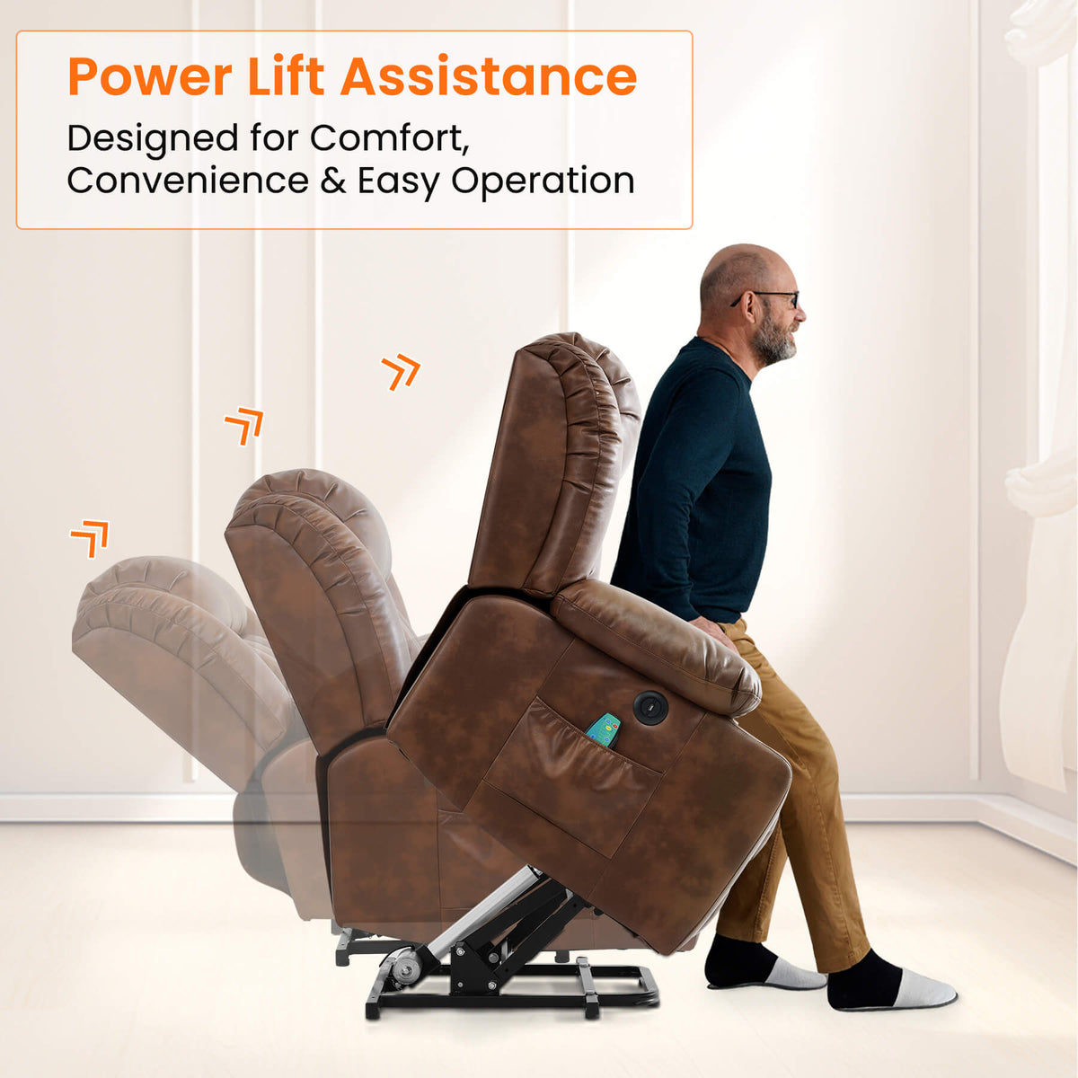 Luxury Power Lift Recliner Chair with Vibration Massage and Heating, Ochre