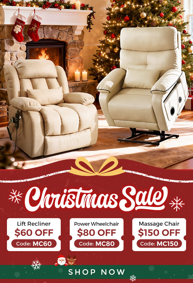Two recliners in a living room with Christmas decorations and a Christmas sale banner, recliner $60 off