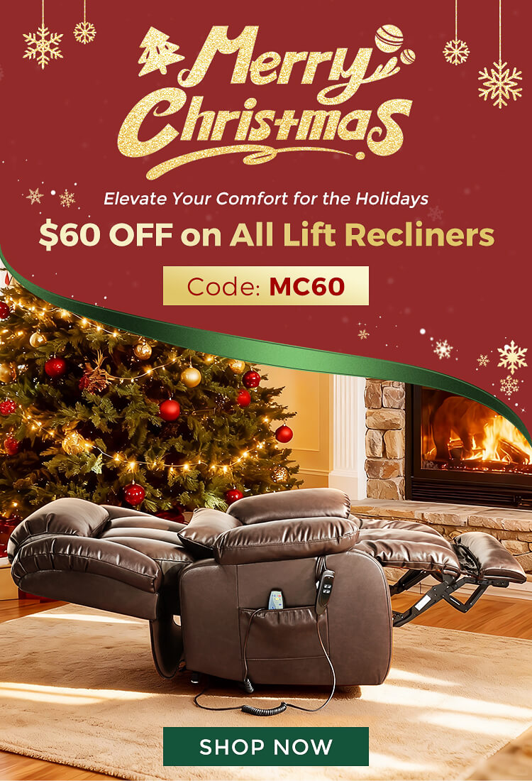 Lay flat recliner in a living room with Christmas decorations and a Christmas sale banner, recliner $60 off