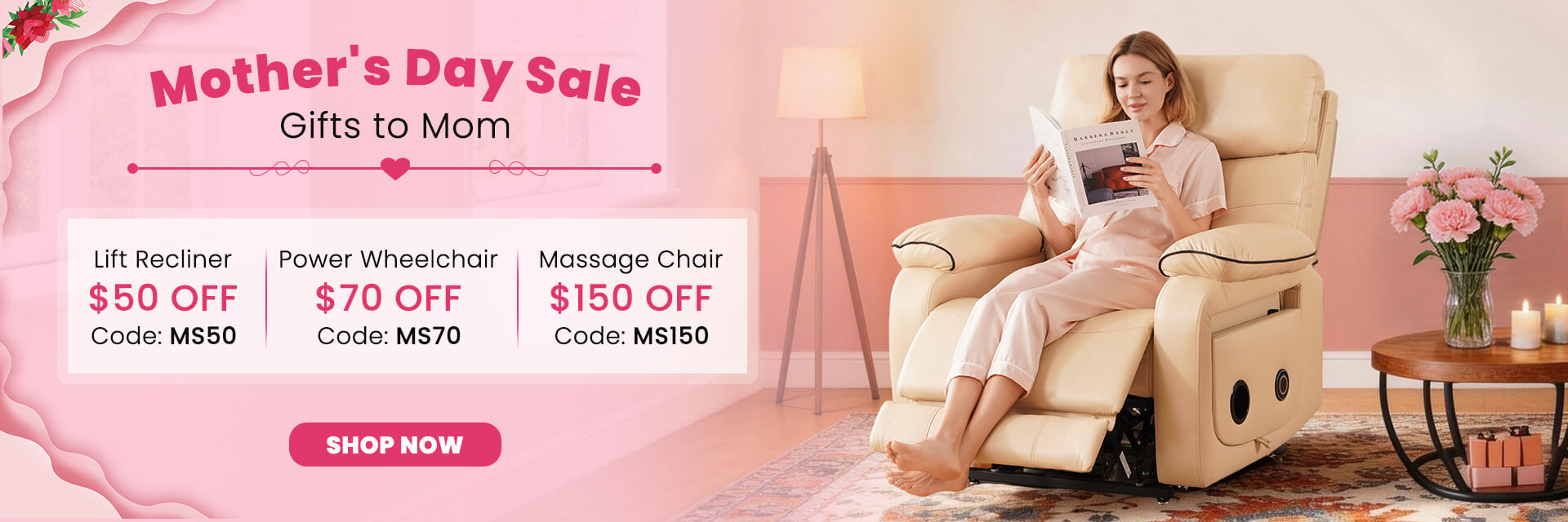 Woman using a recliner chair with promotional text for Mother's Day sale on pink background