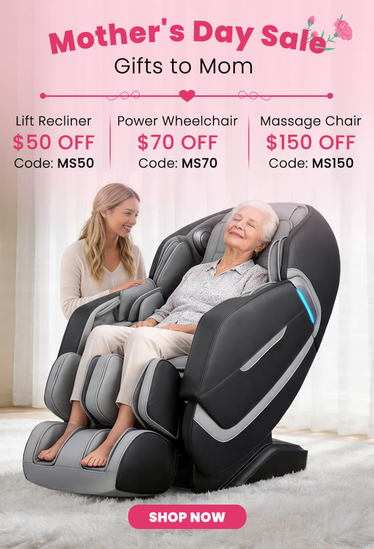 Promotional banner for Mother's Day sale with massage chair, recliner, and power wheelchair discounts.