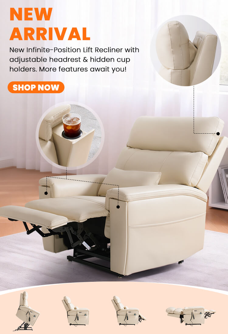 Beige recliner chair with cup holders in a living room setting, featuring text about new arrival and product features.