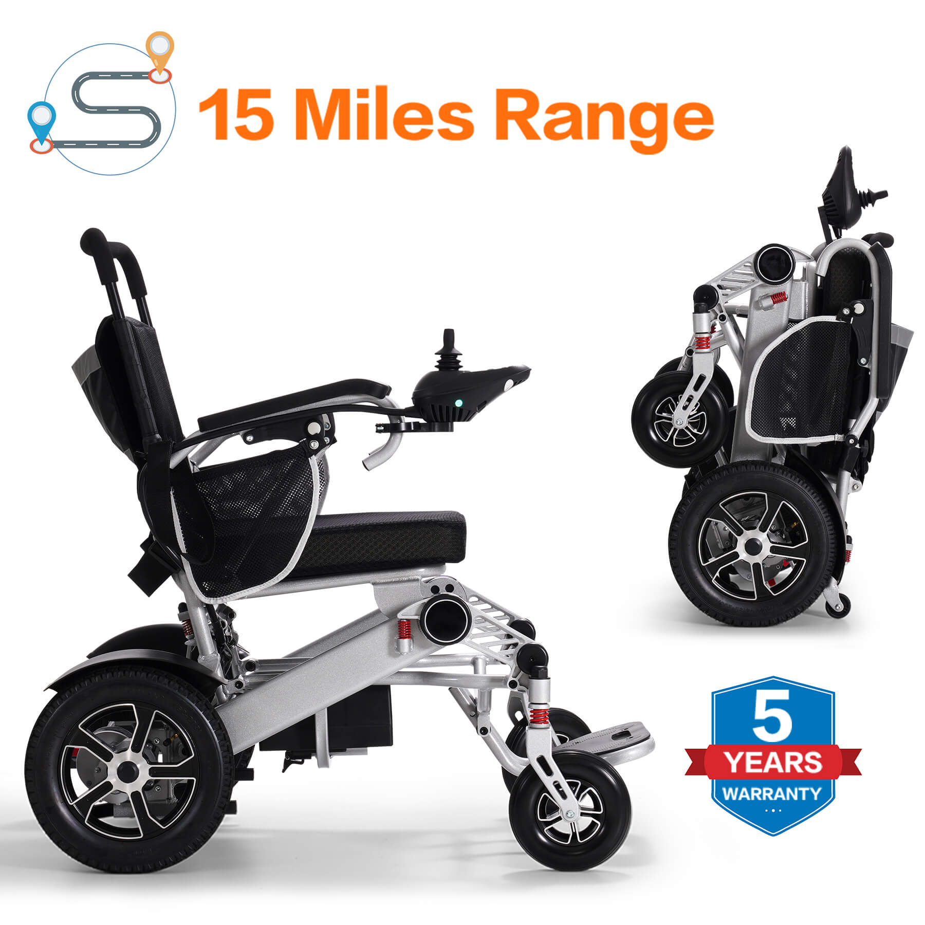 This foldable wheelchair has a 15-mile mileage and comes with a five-year warranty.