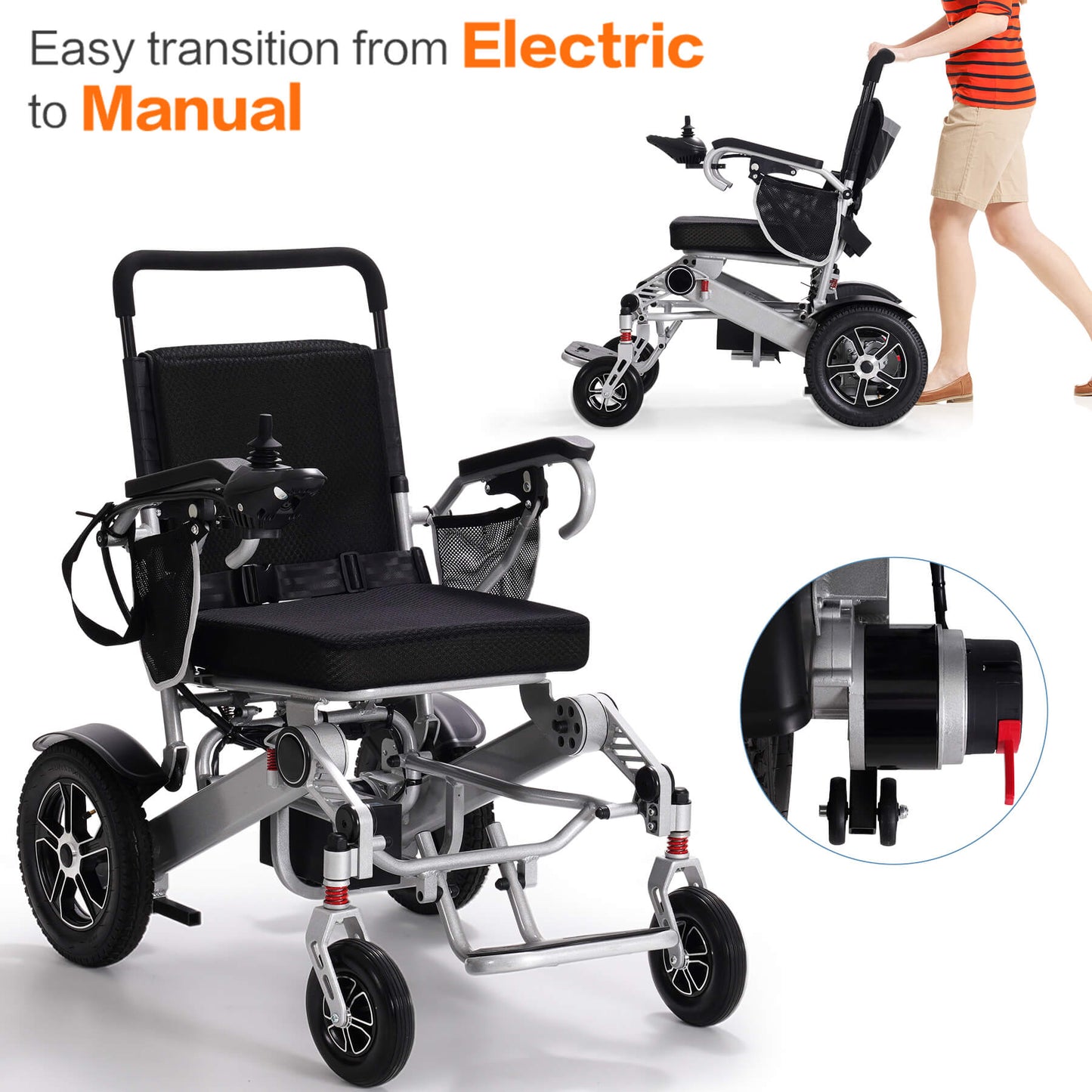 The power wheelchair can be easily switched to manual wheelchair by breaking the switch at the rear.