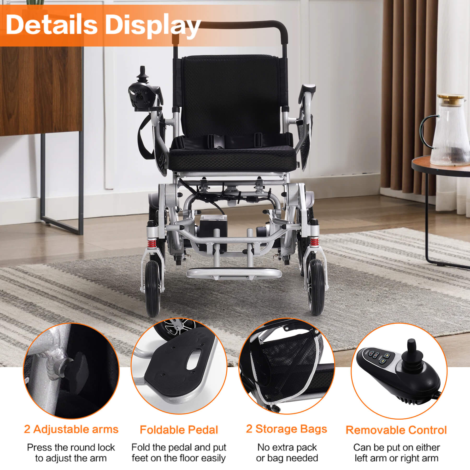 Front view of the wheelchair. Adjustable armrests, foldable pedal, two storage bags, left and right adjustable controls.