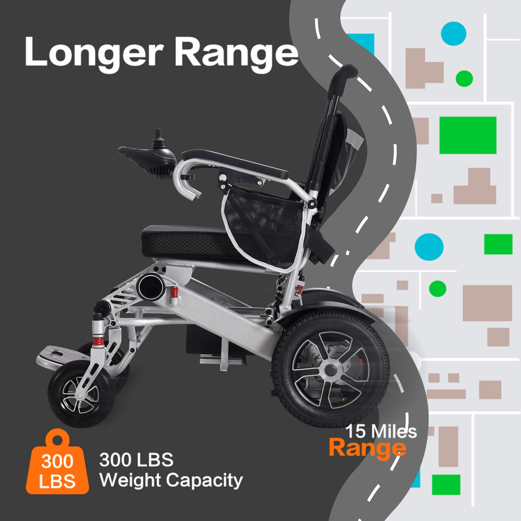 This power wheelchair supports all terrain, has a long range of 15 miles, and has a weight capacity of 300 pounds.