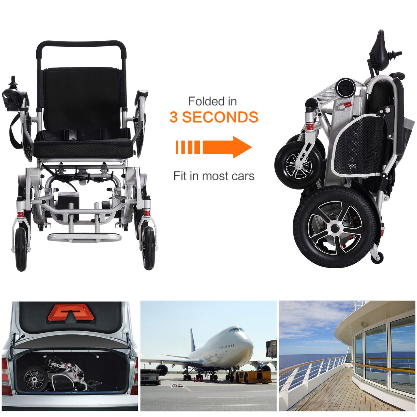This power wheelchair can be folded in 3 seconds, can be put in the trunk, and supports boarding airplanes and ships.