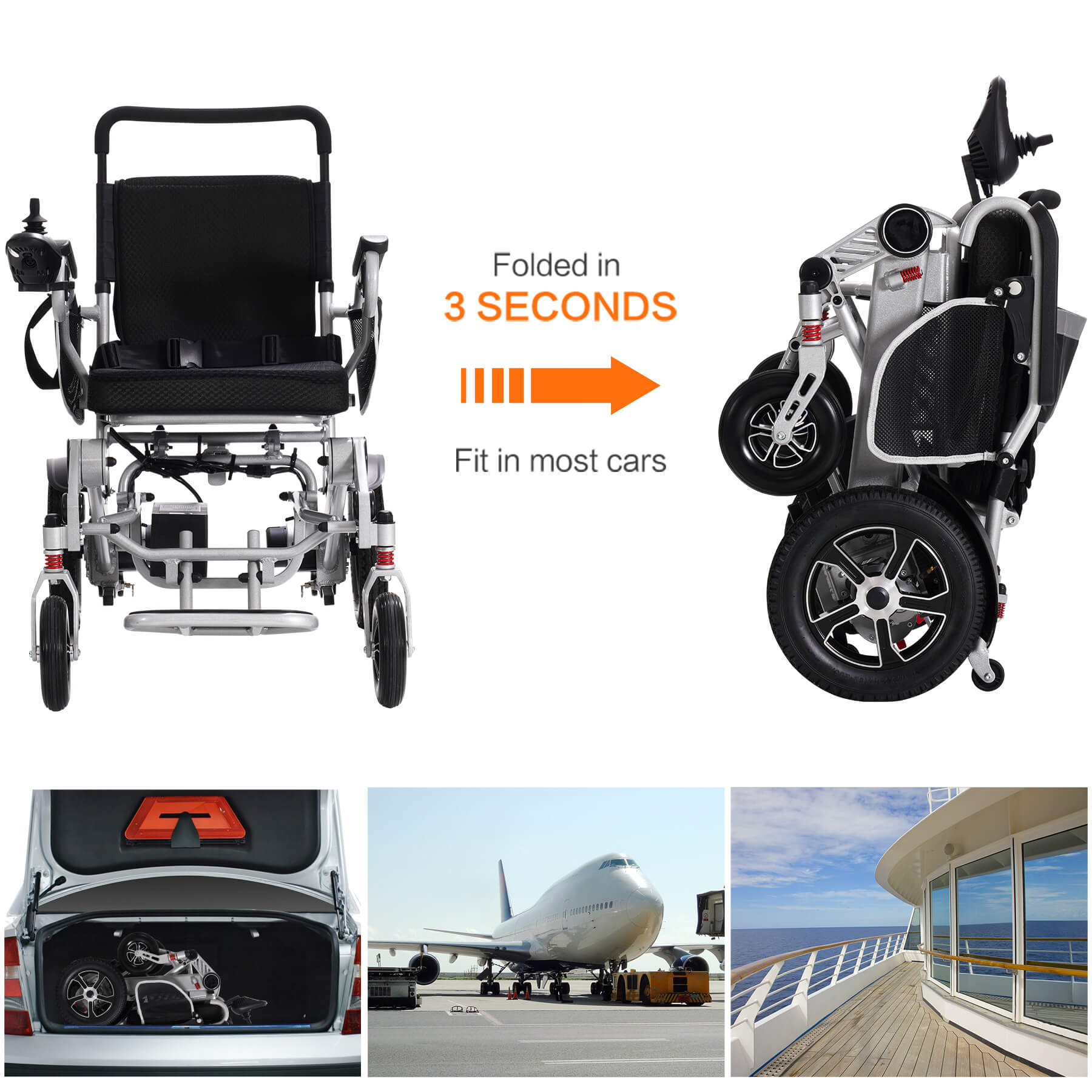 This power wheelchair can be folded in 3 seconds, can be put in the trunk, and supports boarding airplanes and ships.