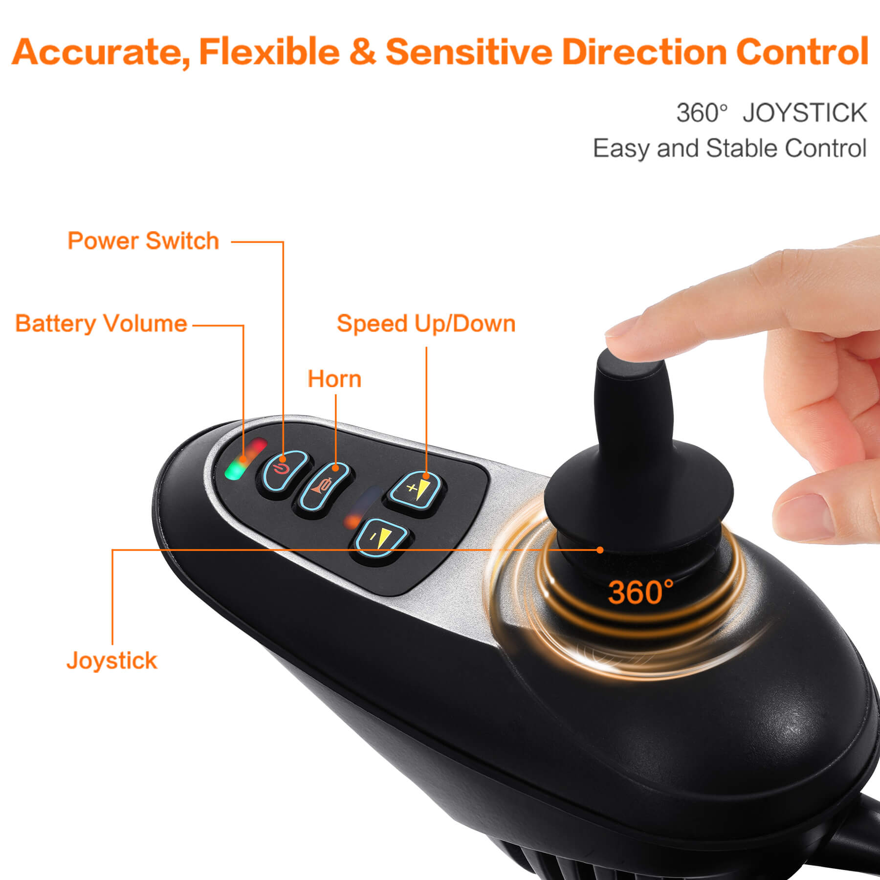 Controller instructions: with power switch, battery level and horn. Joystick supports 360 degree rotation and speed is adjustable.
