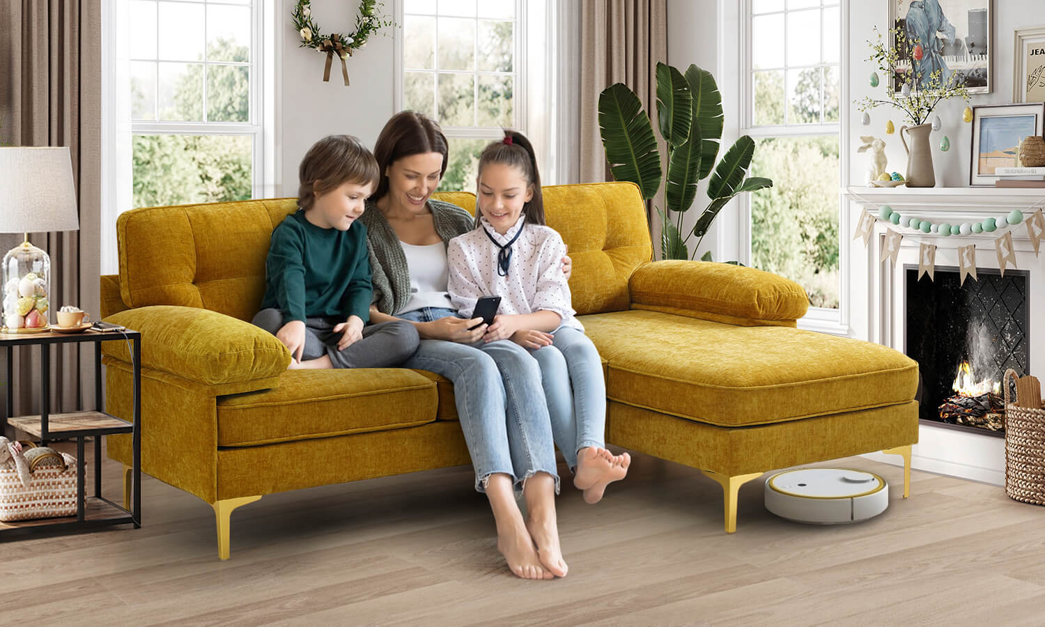 A_mother_and_two_children_happily_sitting_on_a_golden_chenille_sofa_couch