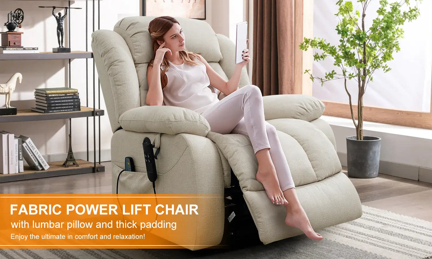 A_lady_resting_on_the_asjmreye_beige_fabric_recliner_chair_with_a_lumbar_pillow