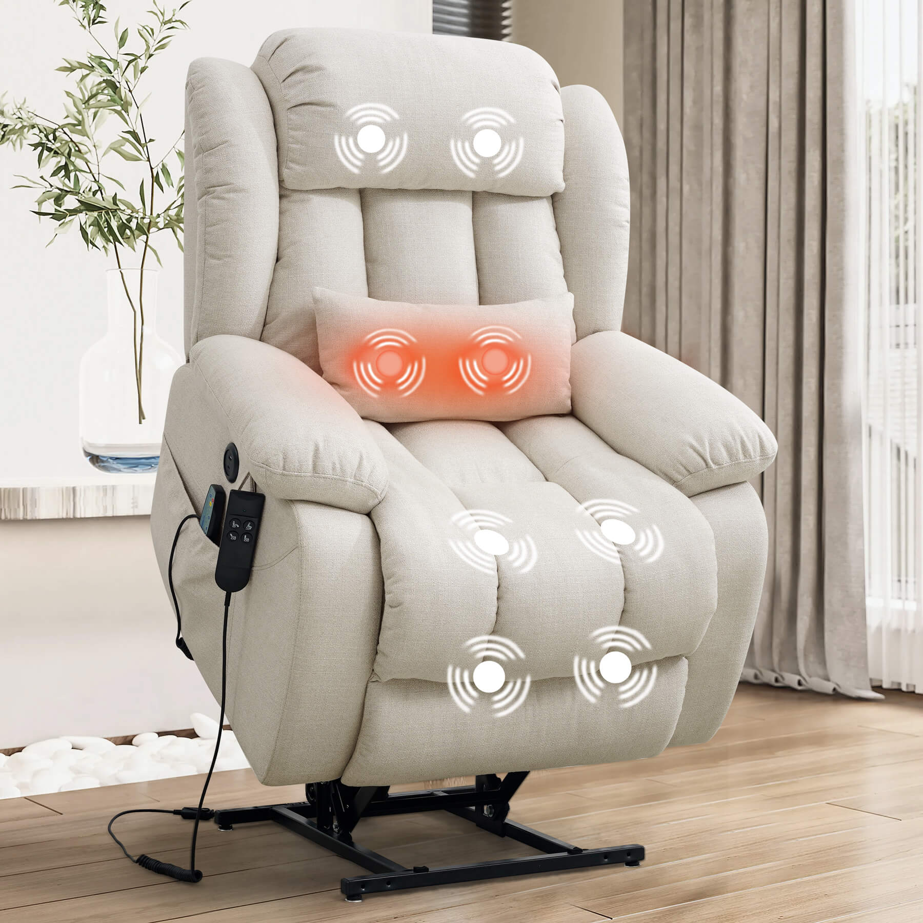 Beige linen power lift chair for the elderly with massage and lumbar heating.