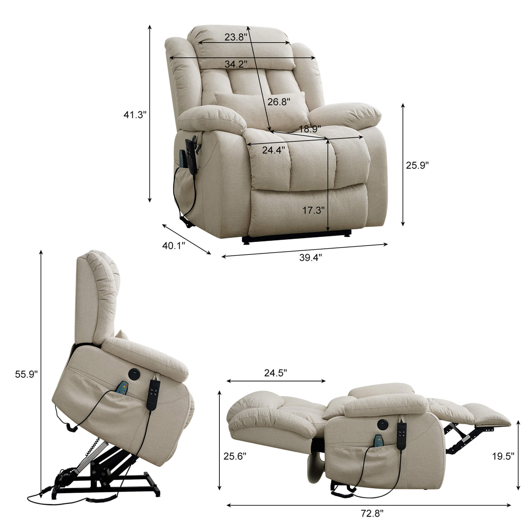 Beige recliner size data. Overall dimensions: 39.4 x 40.1 x 41.3 inches, Weight capacity: 350 lbs.