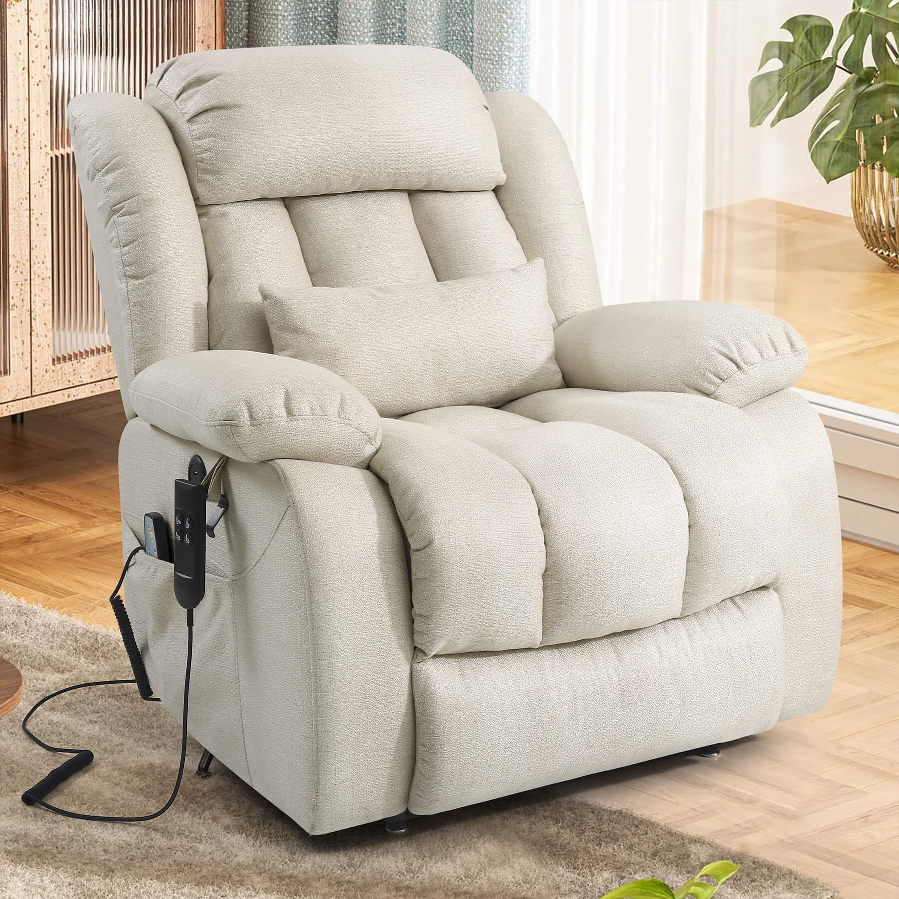 The  beige fabric dual motor power chair in side-sitting position, with a lumbar pillow.