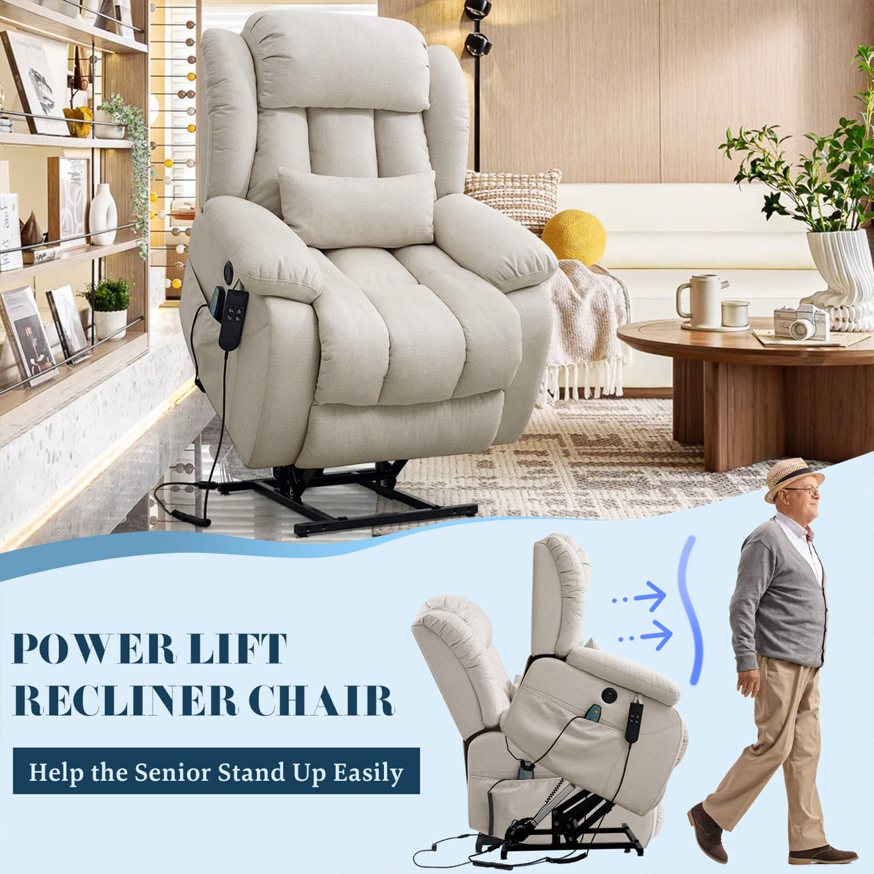 Beige fabric power lift recliner in raised state. Ideal for helping the senior to stand up easily.