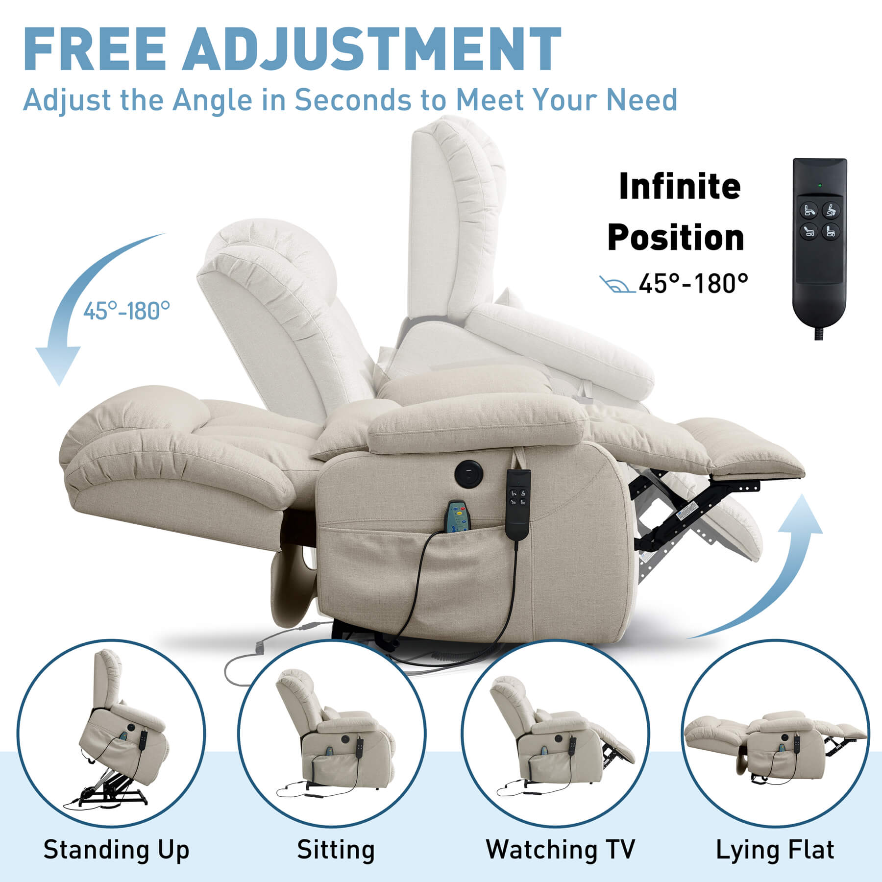Infinitely position-adjustable recliner that supports from standing to lying flat, operated by remote control.