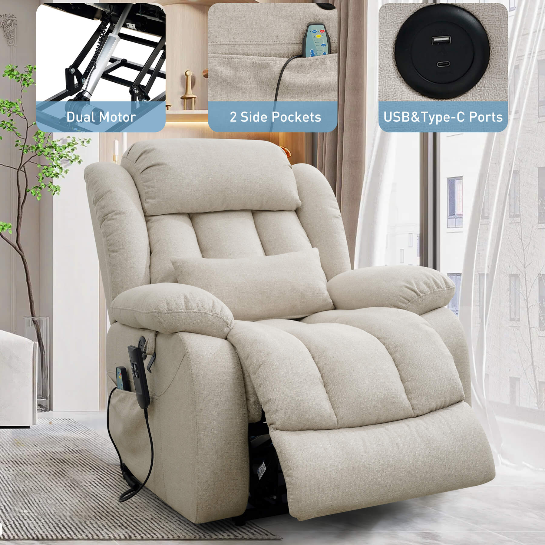 The power recliner has built-in dual motors, two side pockets and USB and Type C charging ports.