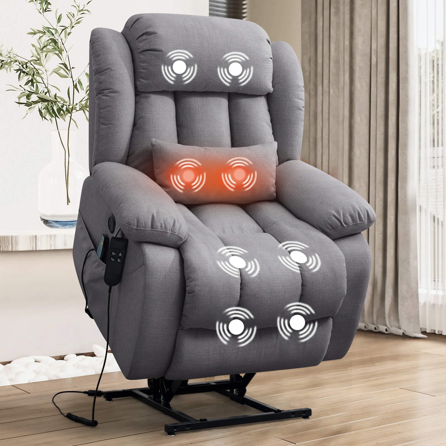 Gray linen power lift chair for the elderly with massage and lumbar heating.