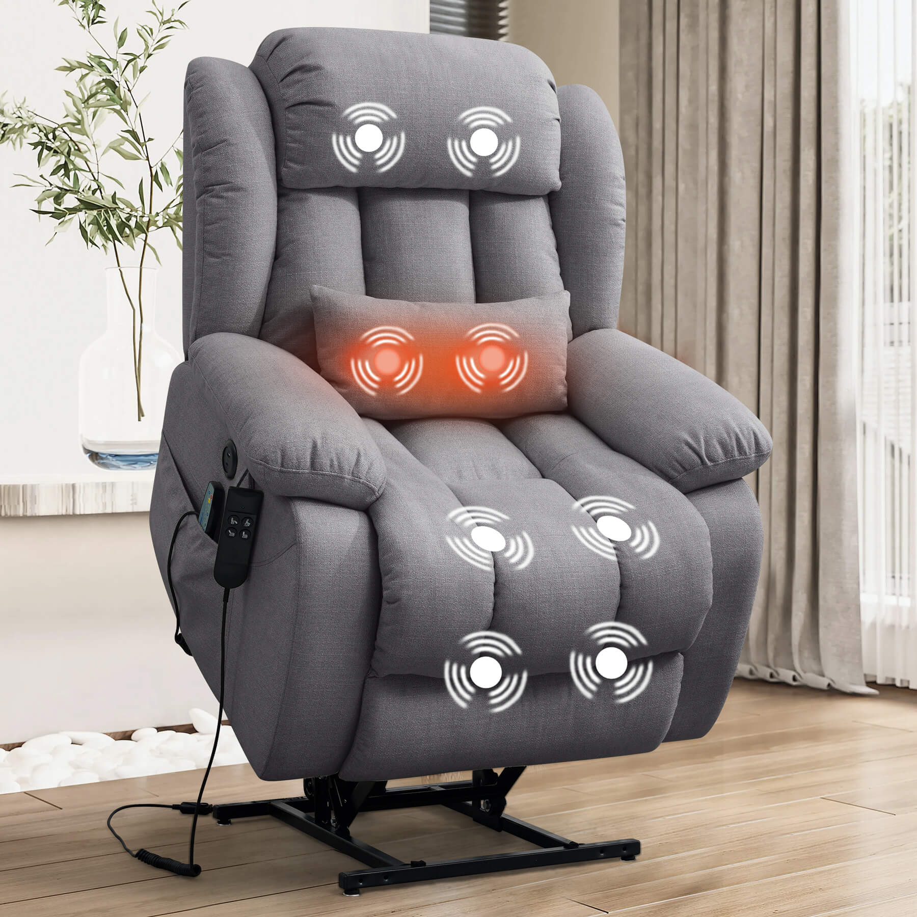 Gray linen power lift chair for the elderly with massage and lumbar heating.