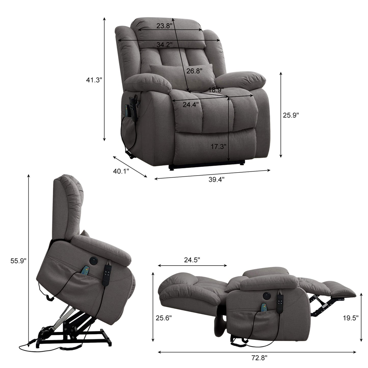 Gray recliner size data. Overall dimensions: 39.4 x 40.1 x 41.3 inches, Weight capacity: 350 lbs.
