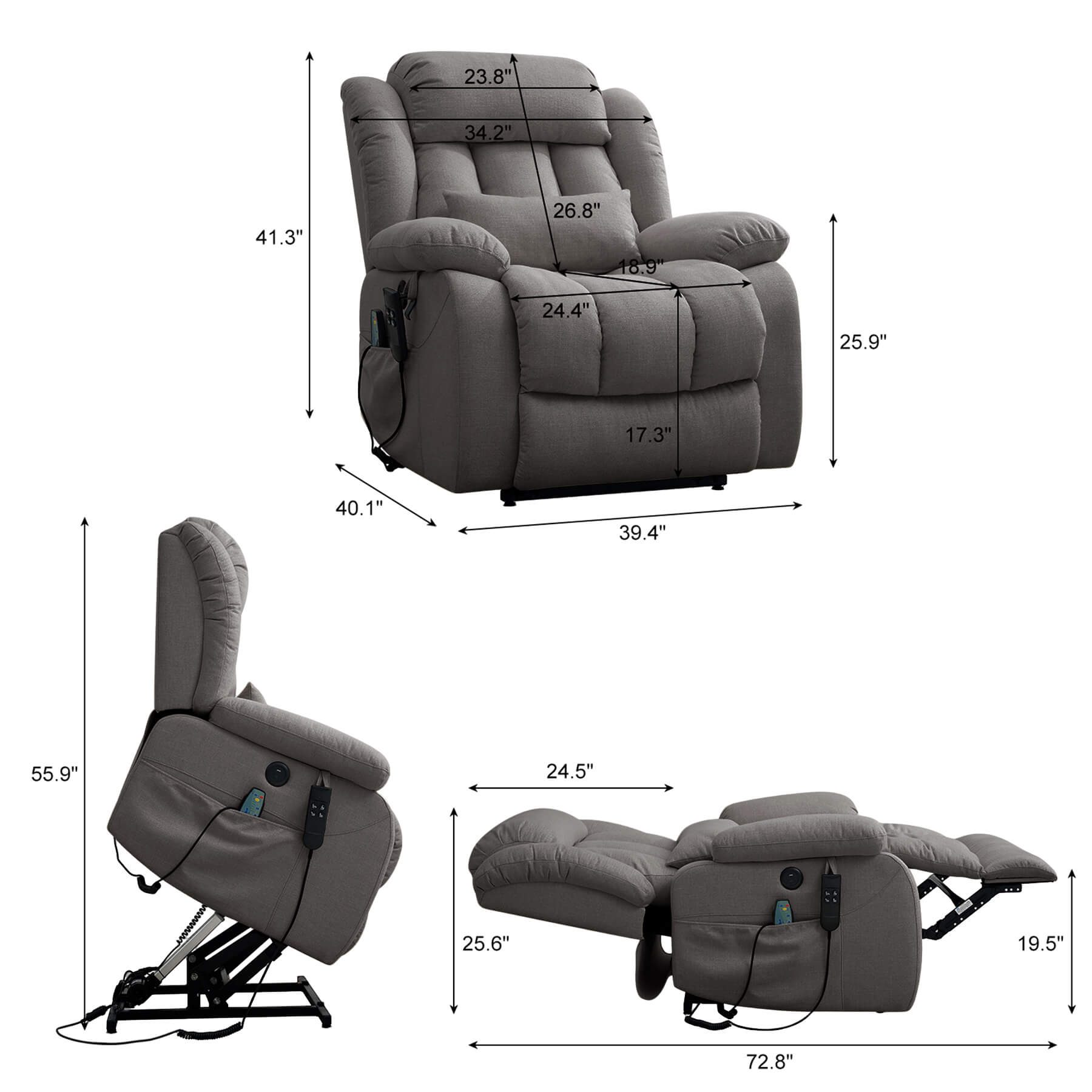 Gray recliner size data. Overall dimensions: 39.4 x 40.1 x 41.3 inches, Weight capacity: 350 lbs.