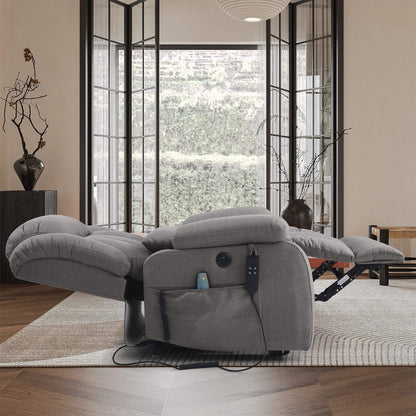 The gray lay flat recliner chair, perfect for sleeping.
